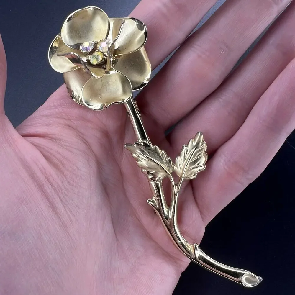 Vintage Large Statement Brooch Gold Tone AB Rindstones Flower Rose 3.75”